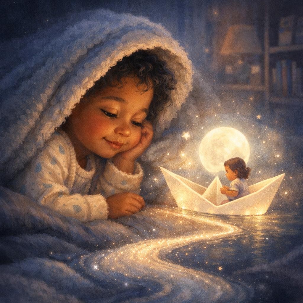 At the end of the waves, the light folded into a tiny paper  illustration for The Ceiling Glow Fish