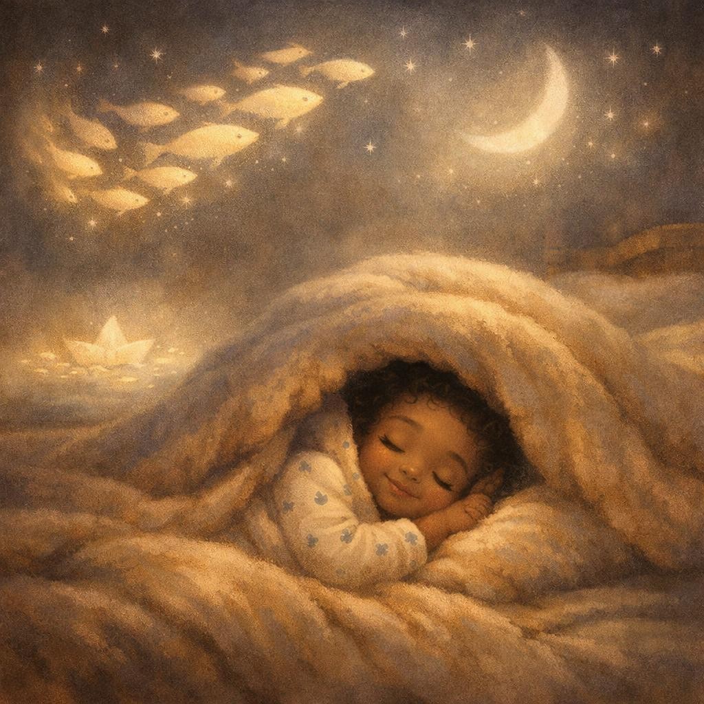 The fish tucked close and curled into a soft crescent above  illustration for The Ceiling Glow Fish