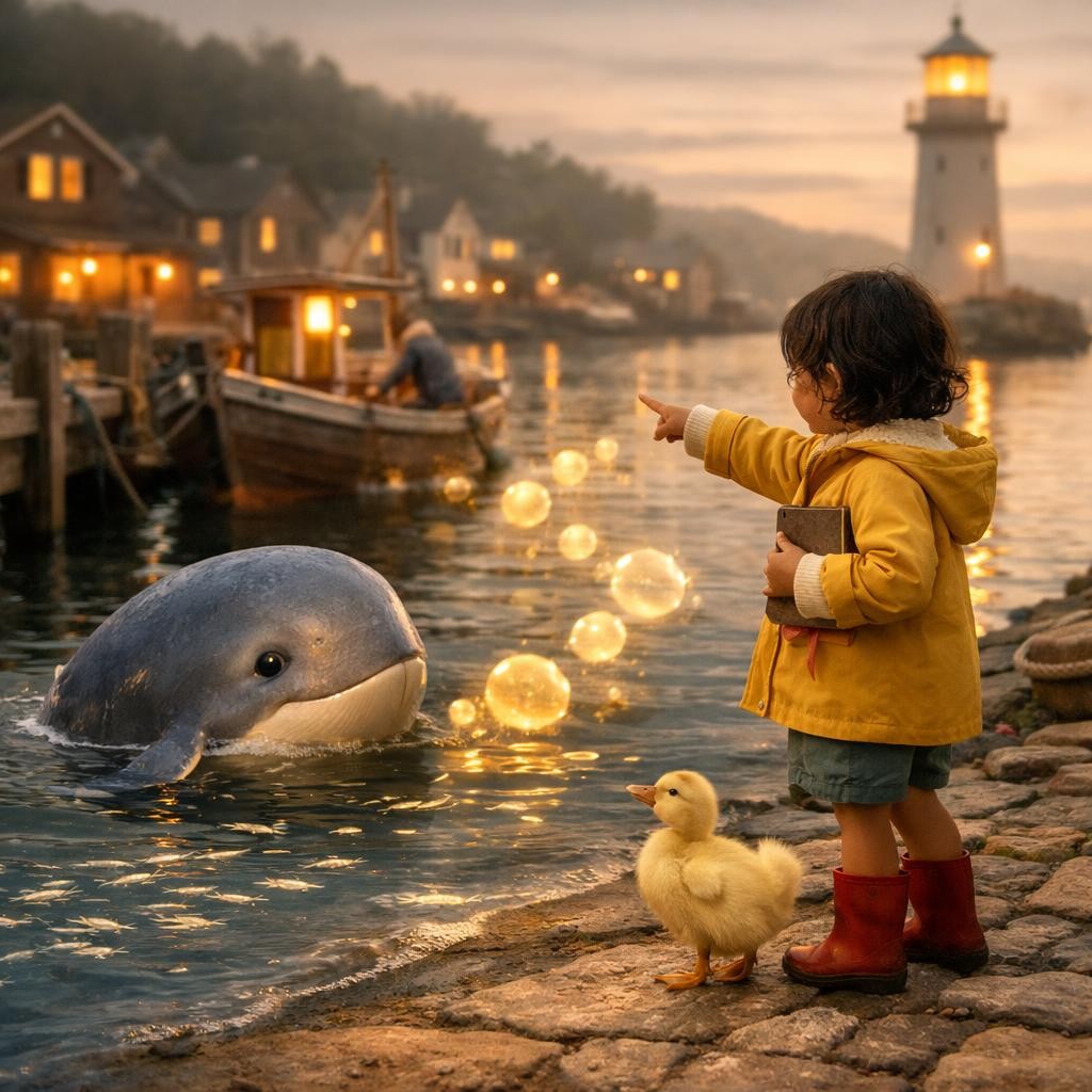 Golden sky, home sweet home illustration for The Whale With Glow Bubbles