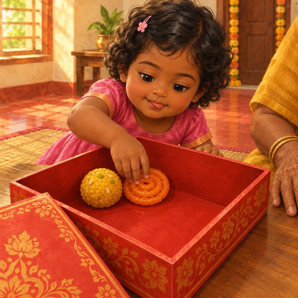 முதலில் மஞ்சள் laddu. Round, round! ஒன்னு. அடுத்து ஆரஞ்சு jangiri. சுத்தி, சுத்தி! ரெண்டு. கயல் மெதுவா, மெதுவா box-ல் வைத்தாள்.