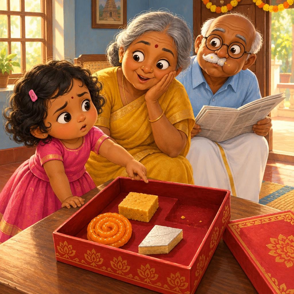 கயல் box-ஐ மறுபடியும் பார்த்தாள். Jangiri இருக்கு. Mysore pak இருக்கு. Kaju katli இருக்கு. Laddu… காணோம்! "பாட்டி, laddu எங்கே?" அப்போ தாத்தாவின் மீசையில்… ஒரு குட்டி மஞ்சள் crumb!