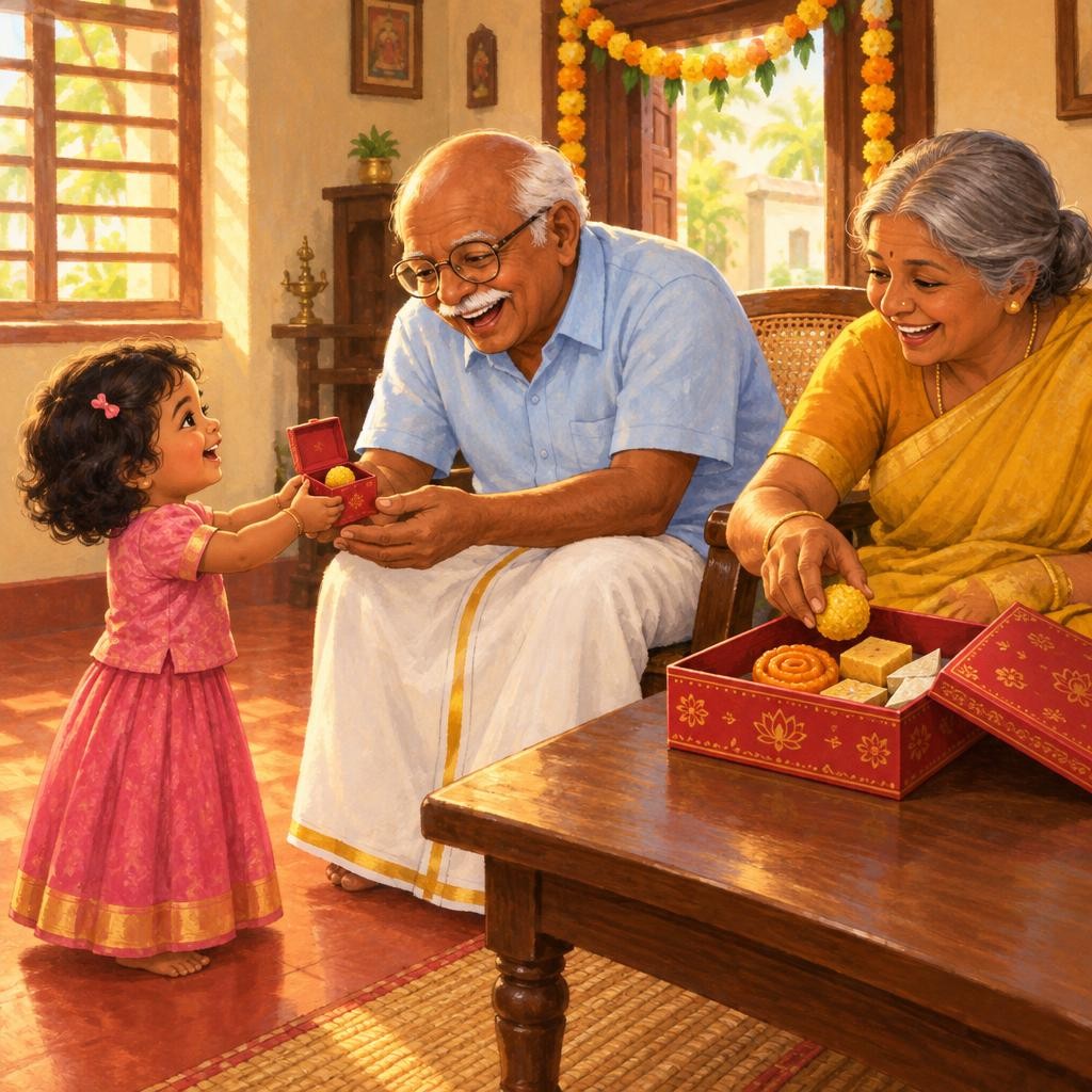 எல்லாரும் கலகலவென்று சிரித்தார்கள். தாத்தாவும் தான்! பாட்டி இன்னொரு laddu வைத்தார். கயல் ஒரு குட்டி box எடுத்து, அதில் ஒரு laddu வைத்தாள். "இது தாத்தாவுக்கு! Happy Deepavali, தாத்த