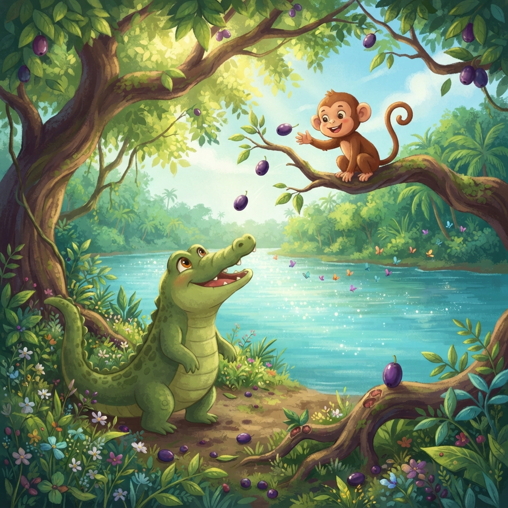 Beside a sparkling river stood a huge jamun tree. In its branches lived Minku the monkey. SWISH! BOING! WHOOSH! One afternoon, Minku spotted Kalu the crocodile resting below. “I’m 