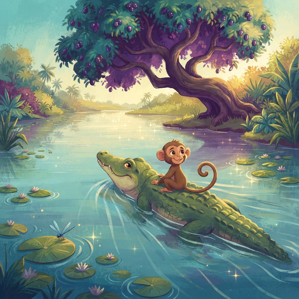 “Minku,” Kalu called, “please come to dinner at our home.” “But I cannot swim,” said Minku. “I will carry you,” Kalu promised. Minku climbed carefully onto Kalu’s back. Together th