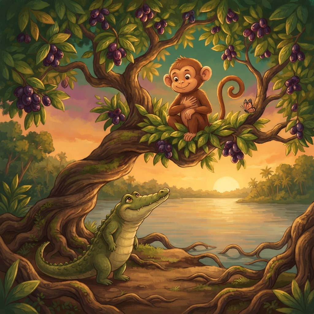 The moment they reached the tree—JUMP! Minku caught a branch and scrambled high. “Where is your heart?” asked Kalu. “Nobody leaves a heart on a tree,” said Minku. “I trusted you, b