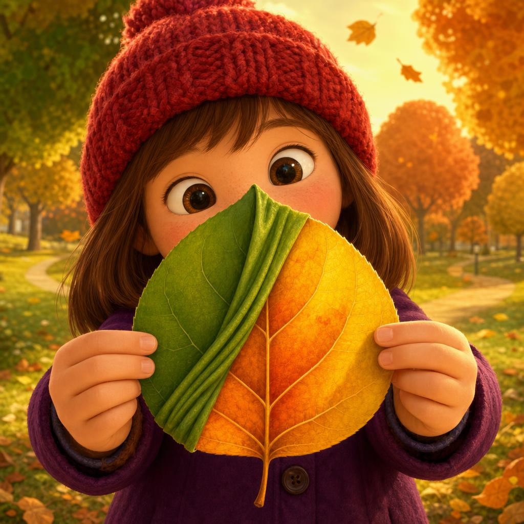 Mila mira una hoja de cerca. Una parte sigue verde; otra parte ya deja ver un brillo amarillo. Si el verde se aparta del todo, ¿qué color crees que aparecerá?