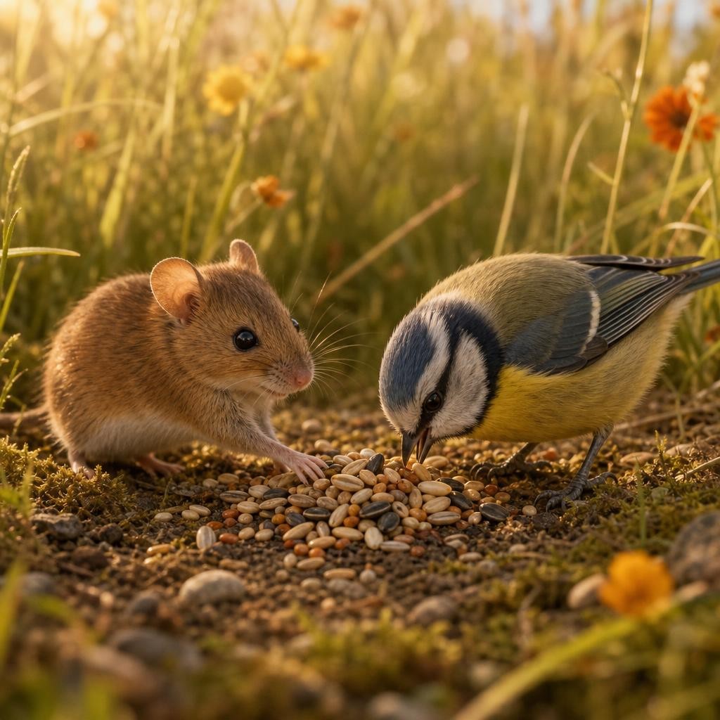 Tak lama kemudian, Tikus bertemu dengan Burung kecil yang kelaparan. Tikus teringat pada kebaikan Kelinci, lalu ia membagikan sedikit biji-bijiannya. Burung makan dengan lahap, dan