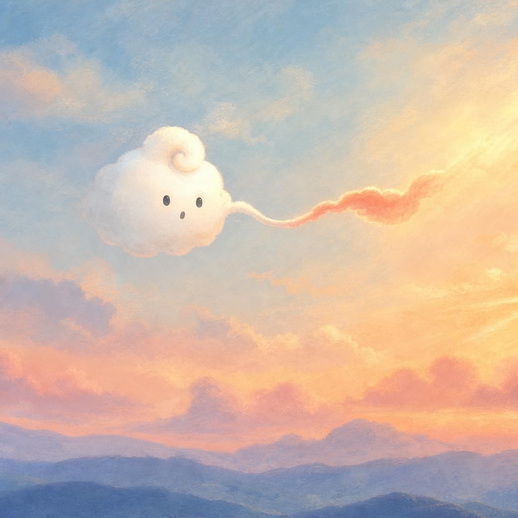 A breeze tickled Ori's round edges. One skinny wisp slipped free and floated into the low sunlight. Fwoof! The plain white wisp blushed coral pink. Ori blinked. "Oh! Was that me?"