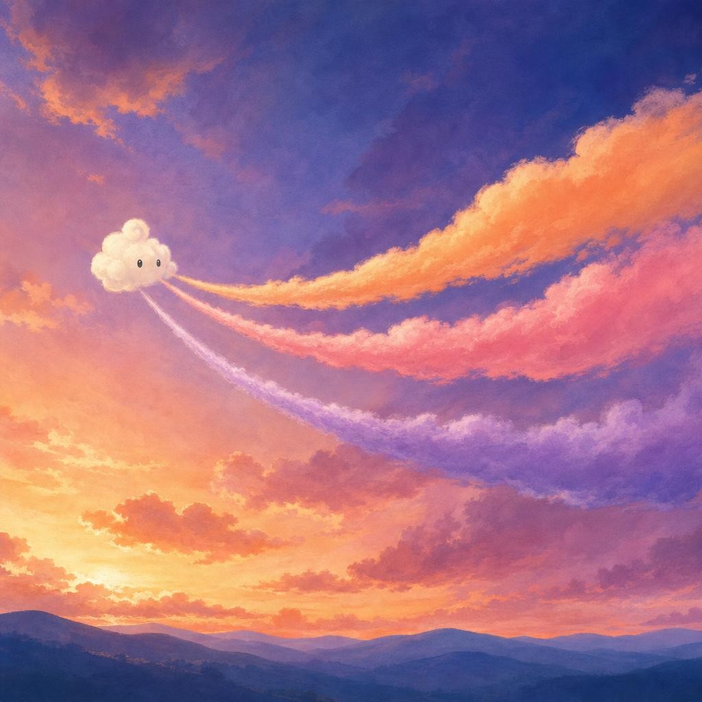 Ori took one slow, brave breath and stretched another wisp, then another. The sunlight filled them with peach, rose, and violet. Across the evening, Ori's soft ribbons glowed—not t