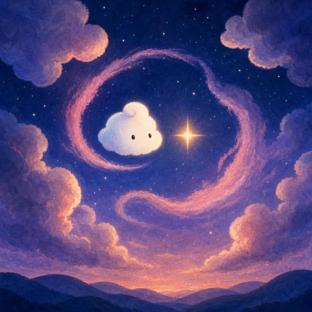 When the first star appeared, Ori curled the violet-pink wisps gently around it like a scarf. The other clouds drifted aside to admire the tiny bright picture. Ori stayed small. Or
