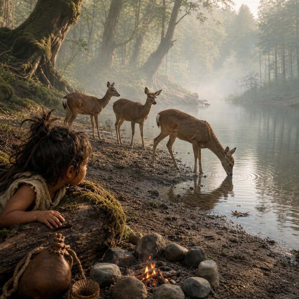 Three Deer in the Mist illustration for There was a river that moved slow and q…