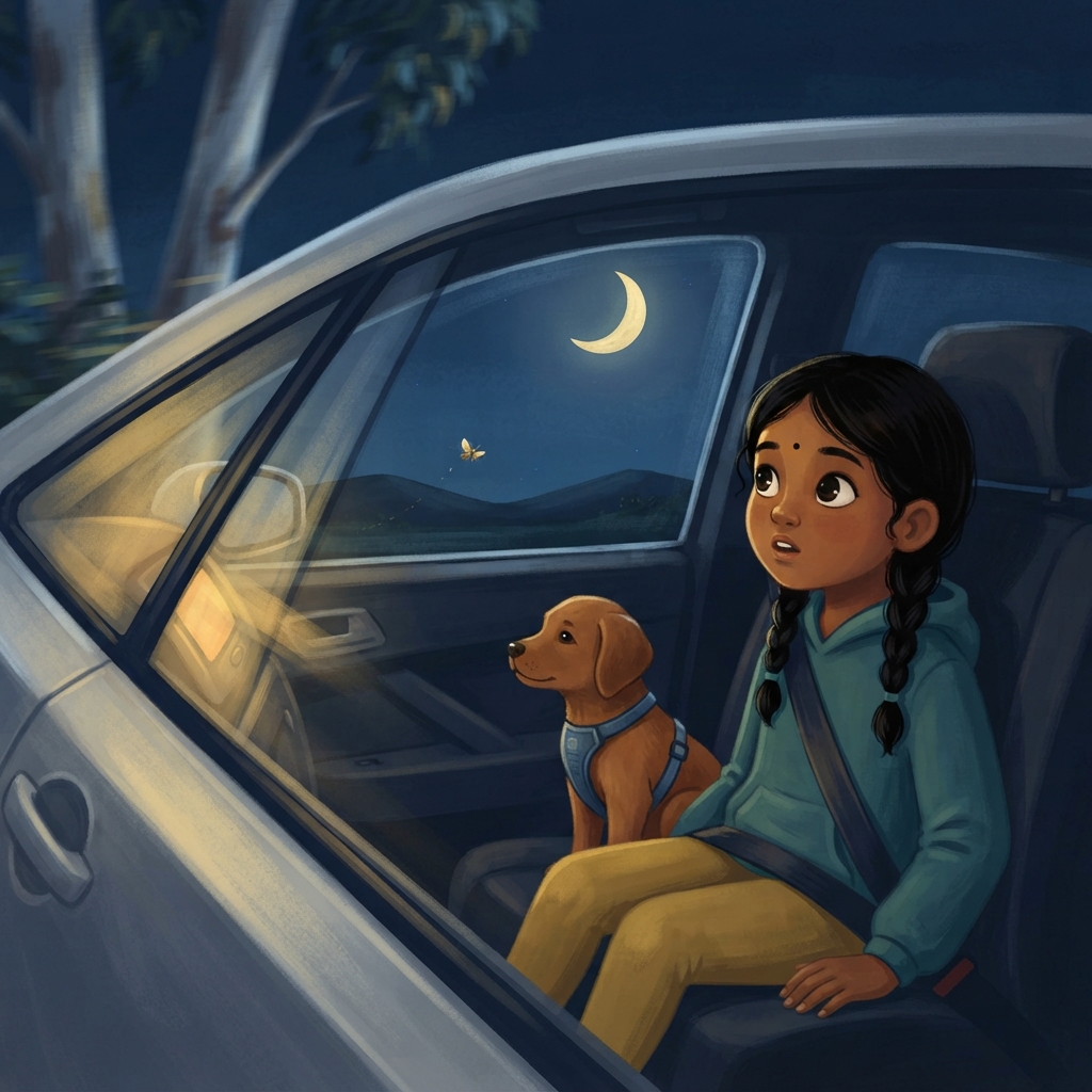 Long drive home. Meera window வழியாகப் பார்த்தாள். மரங்கள் பின்னால் ஓடின. ஆனால் பெரிய Moon மட்டும் car கூடவே வந்தது போல இருந்தது. “Amma, Moon நம்மை follow பண்ணுதா?”