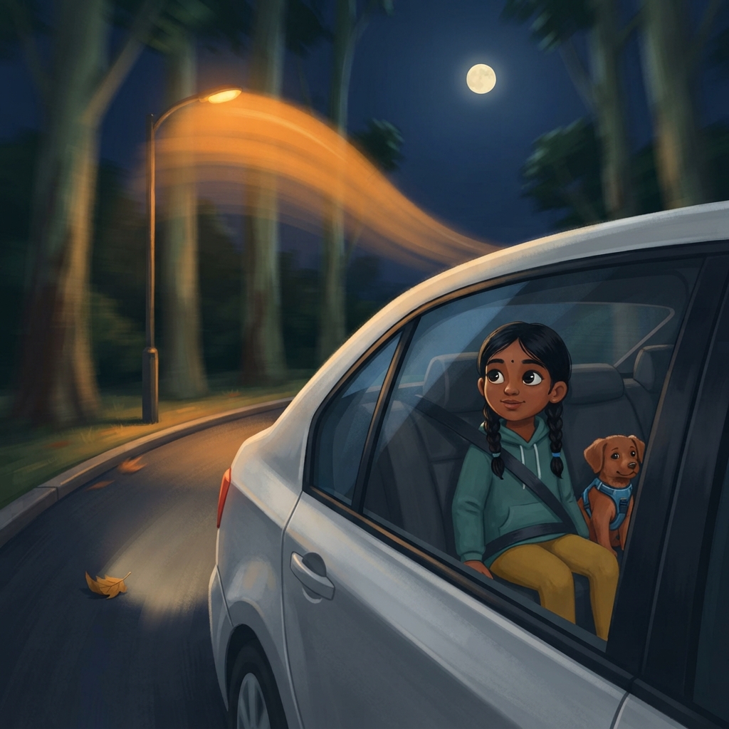 ஒரு lamp post window-க்கு அருகே வந்தது—பட்! உடனே பின்னால் போயிற்று. அடுத்த மரமும் வேகமாகக் கடந்தது. நாம் நகரும்போது, அருகிலுள்ள பொருட்களைப் பார்க்கும் angle சீக்கிரம் மாறுகிறது.