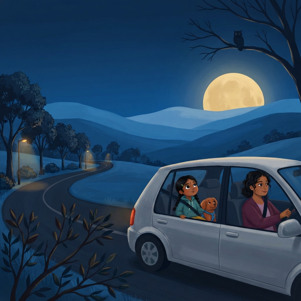 Moon அருகிலுள்ள மேகம் போல இல்லை. அது பூமியிலிருந்து மிக மிகத் தூரம். Car கொஞ்சம் நகர்ந்தாலும், அந்தப் பெரிய தூரத்துடன் compare செய்தால் நம் இடமாற்றம் குட்டிதான். அதனால் Moon பார்க்