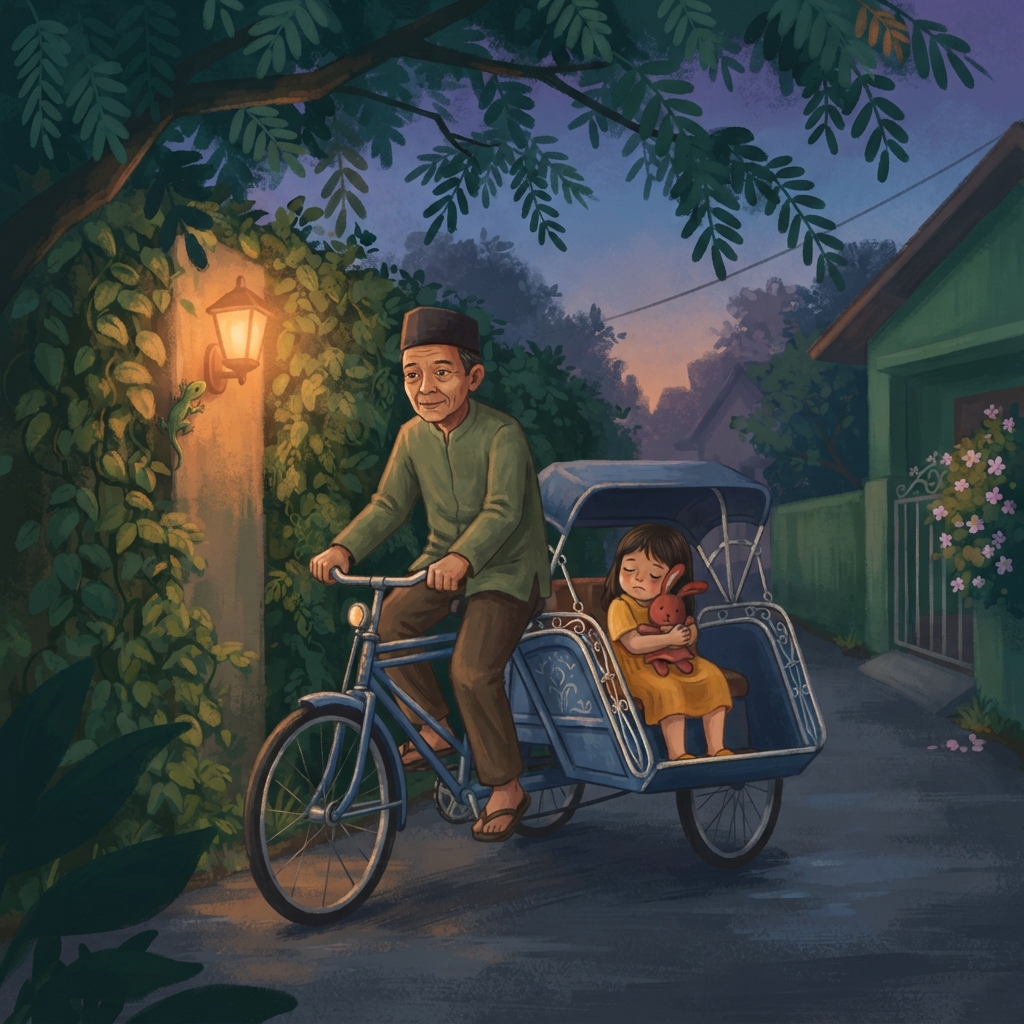 Becak lewat di bawah pohon asam. Daunnya berbisik, srrr… srrr… Lampu teras berkedip, lalu terang. “Dua,” kata Sari. Kelopak matanya turun sedikit.