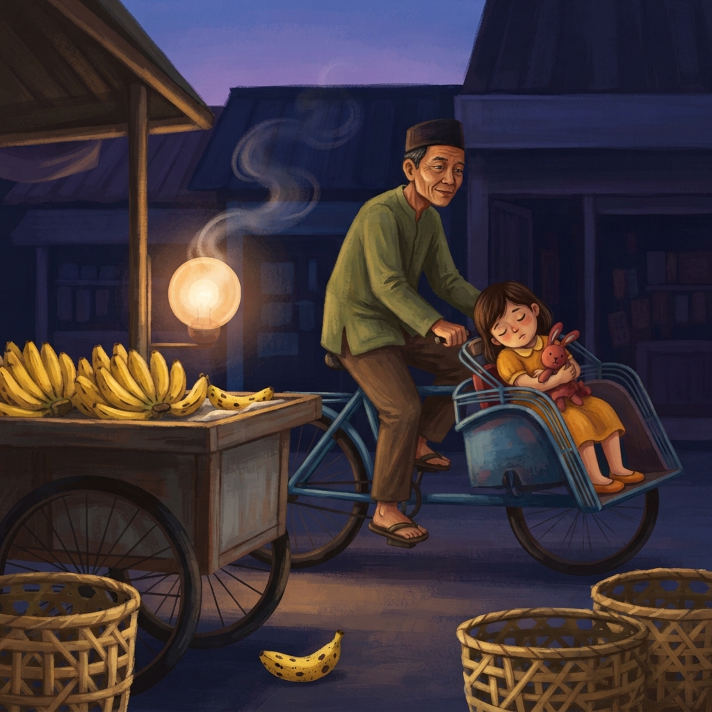 Dari gerobak, tercium pisang hangat. Pak Joko terus mengayuh—pelan, pelan. Sebuah lampu bulat menyala di atas uap tipis. “Tiga,” gumam Sari. Kepalanya mulai miring.