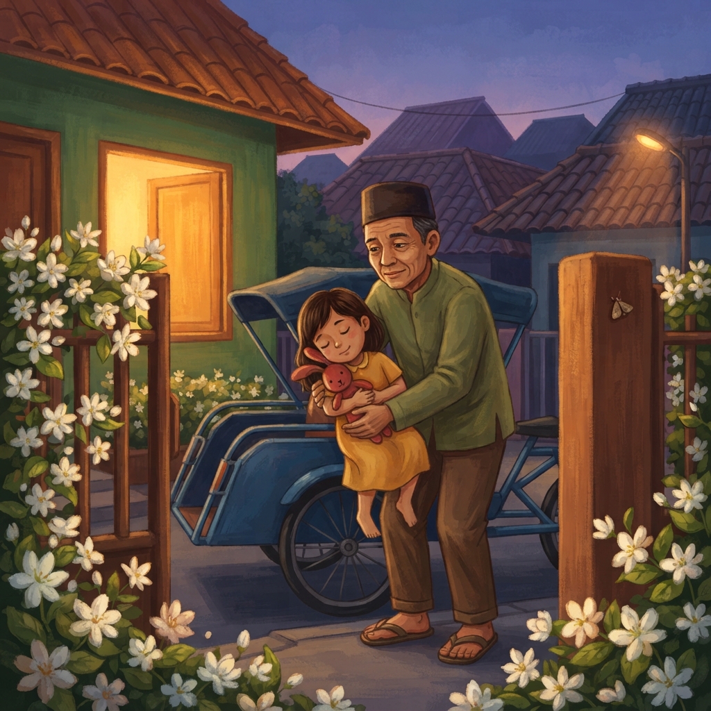 Di balik pagar melati, lampu rumah menyala paling hangat. “Lima,” bisik Sari. Becak berhenti. Pak Joko mengangkat Sari yang sudah tertidur, masih memeluk kelinci kainnya. Lima lamp