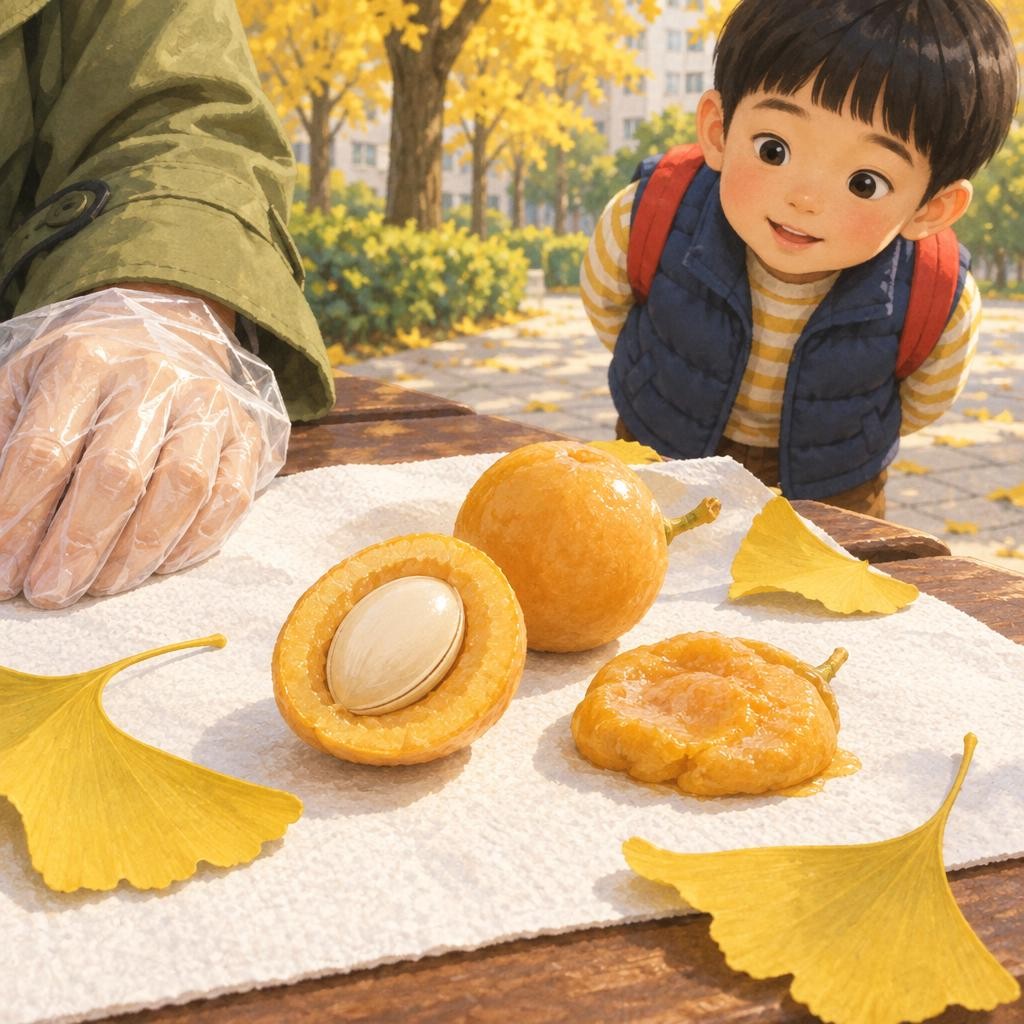 냄새는 바로 이 노란 은행 열매에서 나요. 은행 열매를 반으로 갈라 보면, 겉은 말랑말랑한 노란 껍질이고, 그 안에 단단한 하얀 씨가 들어 있어요. 고약한 냄새가 나는 것은 말랑한 겉껍질 속에 들어 있어요. 열매가 밟혀서 터지면, 그 냄새가 공기를 타고 퍼져서 우리 코까지 와요.
