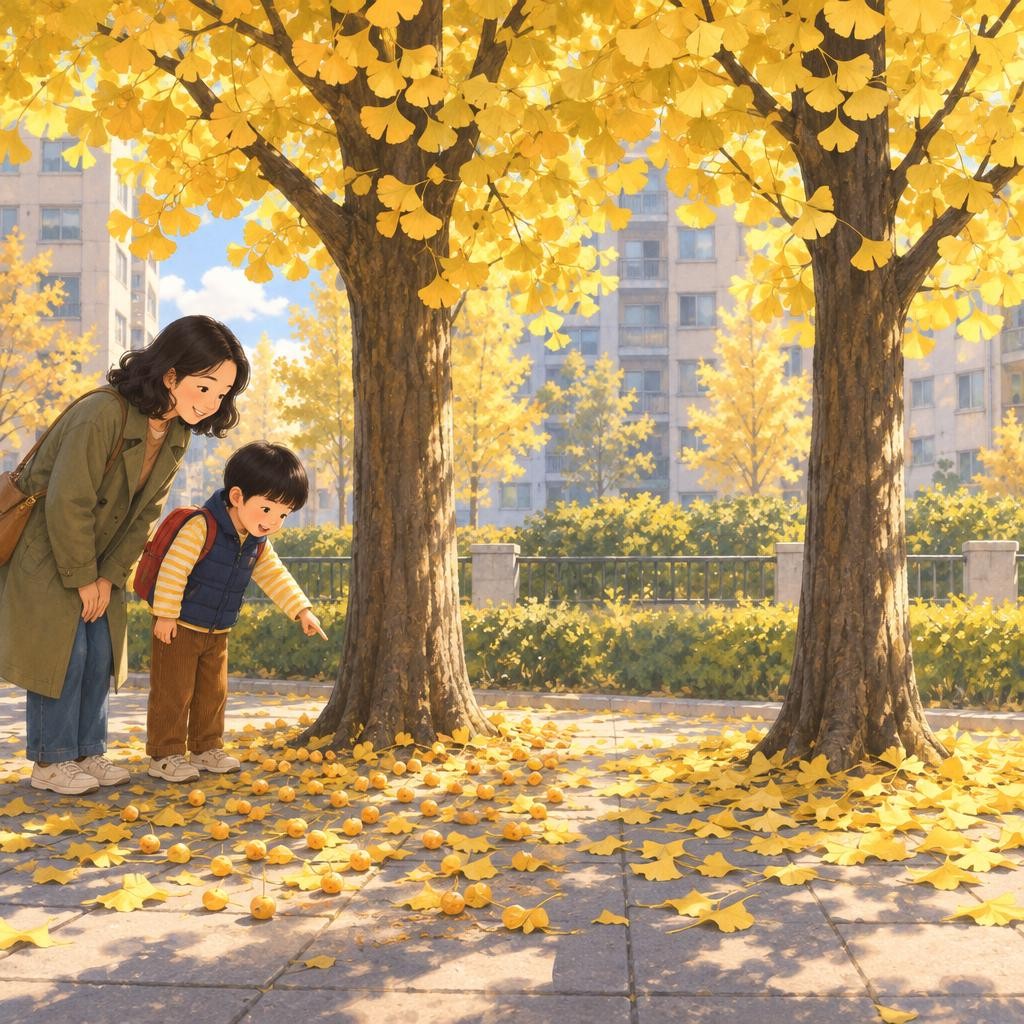 엄마와 도윤이는 나란히 선 나무 두 그루 아래를 살펴보았어요. 한 그루 아래에는 노란 열매가 잔뜩 떨어져 있었어요. 그런데 바로 옆 나무 아래에는 노란 잎만 있고 열매는 하나도 없었어요. 은행나무는 열매를 맺는 나무와 열매를 맺지 않는 나무가 따로 있어요. 열매를 맺는 나무를 암나무라고 해요.