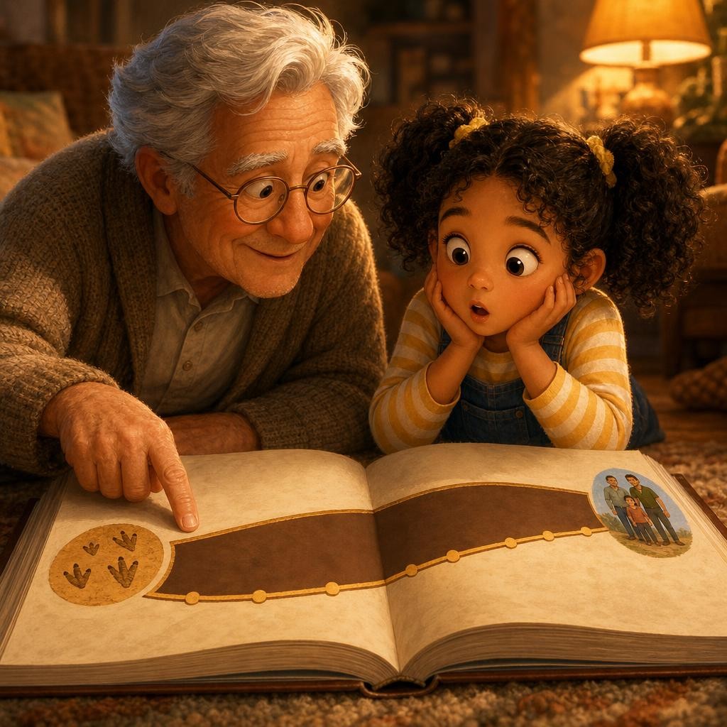 Grandpa points to a timeline stretching way, way back — so far that even great-great-great-grandparents weren't born yet. That's why no person ever saw a real dinosaur walking arou