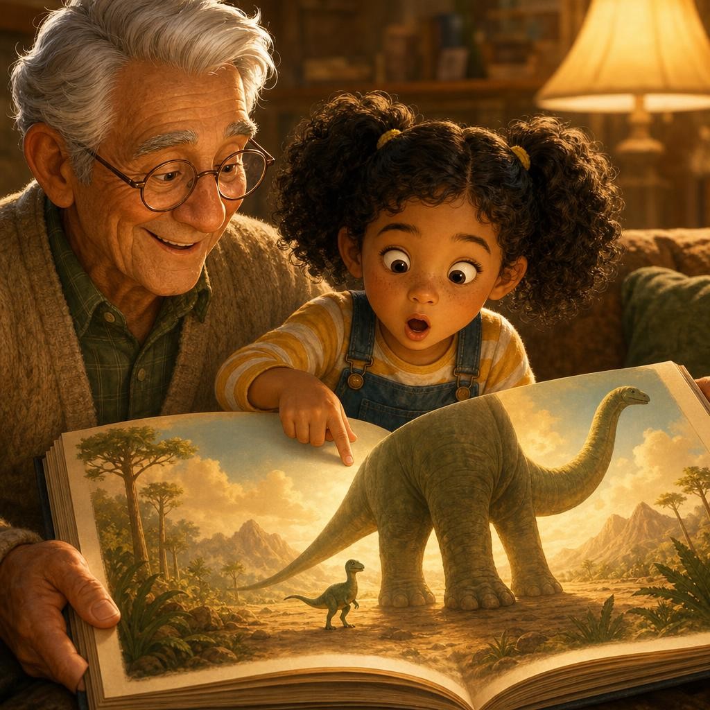 Grandpa asks, "Do you think all dinosaurs were giant like in movies?" Mia guesses yes — but the next page shows a tiny chicken-sized dinosaur next to a huge long-necked one. Aha: d