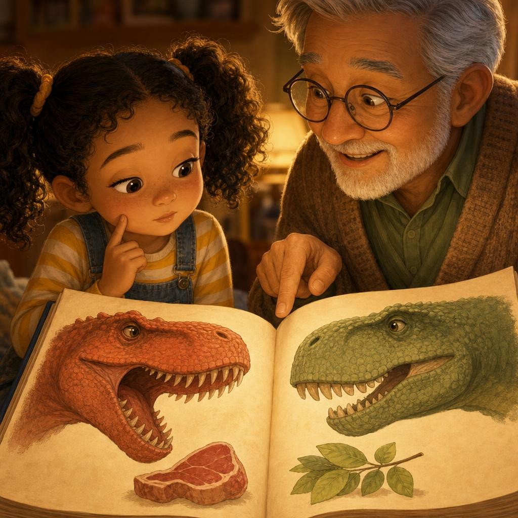 Grandpa points to sharp teeth and flat teeth in the book. "Sharp teeth ate meat, flat teeth ate plants," he explains. Aha: teeth tell us what a dinosaur liked to eat!