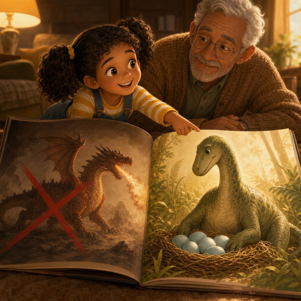 "I thought dinosaurs breathed fire like dragons," Mia says. Grandpa shakes his head gently and shows a dinosaur laying eggs, just like a bird. Aha: dinosaurs hatched from eggs, no 