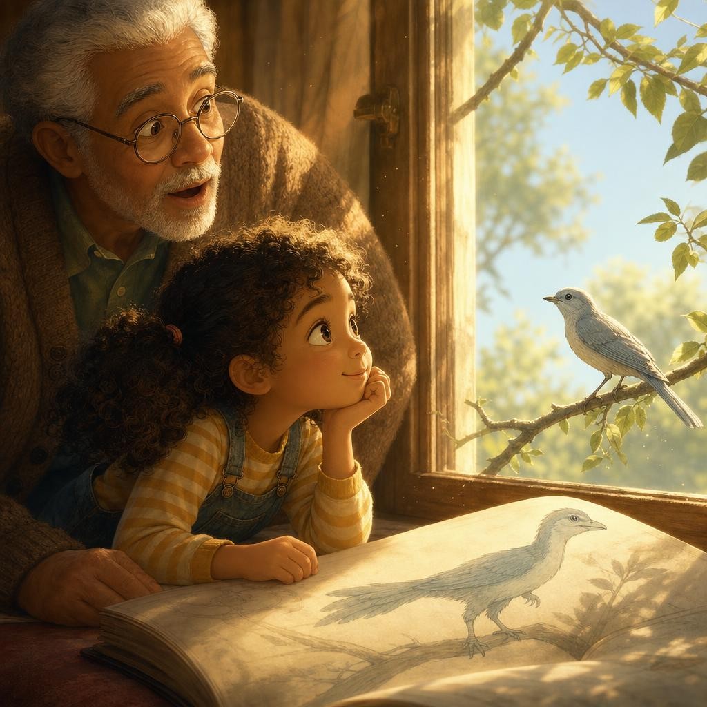 Grandpa shares an amazing fact: "Some scientists believe birds today are distant relations of dinosaurs!" Mia looks out the window at a sparrow and gasps. Aha: birds might be dinos
