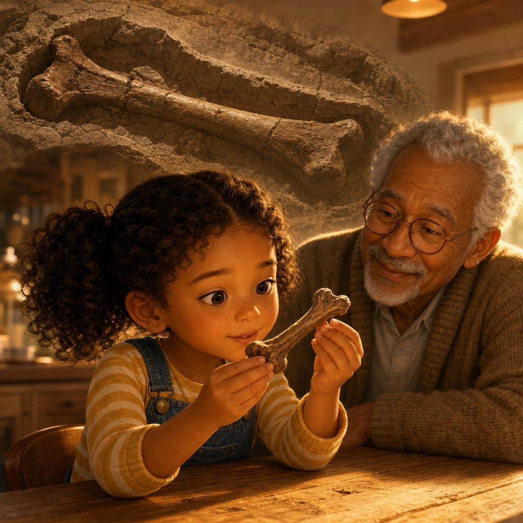 "Can we find a dinosaur bone at home?" Mia asks. Grandpa laughs and hands her a clean chicken bone from dinner. Aha: bones help us learn how animals were built!