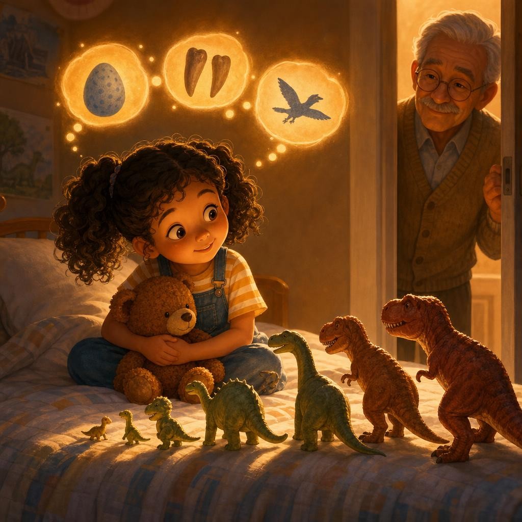 That night, Mia lines up her toy dinosaurs again and whispers the whole story to her stuffed bear: real animals, big and small, plant-eaters and meat-eaters, hatched from eggs, anc