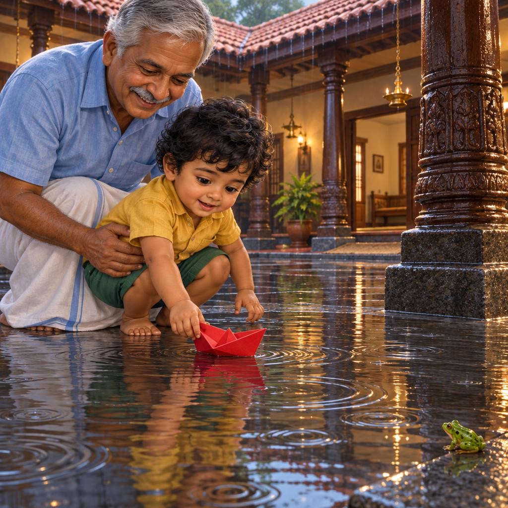 முகில் கப்பலைத் தண்ணீரில் விடுகிறான். தாத்தா கையைப் பிடித்துக்கொள்கிறார். சிவப்பு கப்பல் அழகாக மிதந்து போகிறது. சொட்டு சொட்டு!
