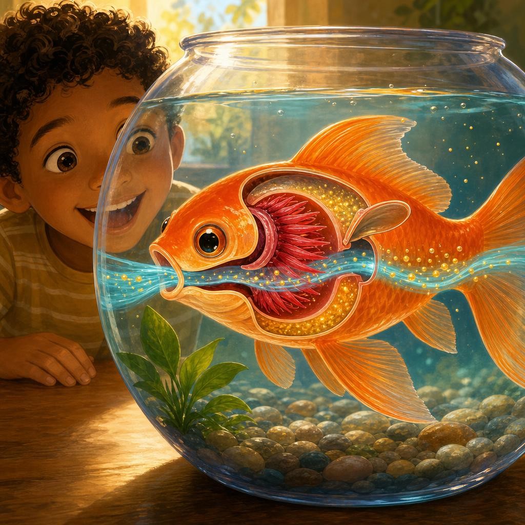 Whoosh — out the sides! Behind Sunny's eyes, two little flaps open like tiny doors, and under them live her gills — soft, red, feathery combs. Water slides in her mouth, brushes ov