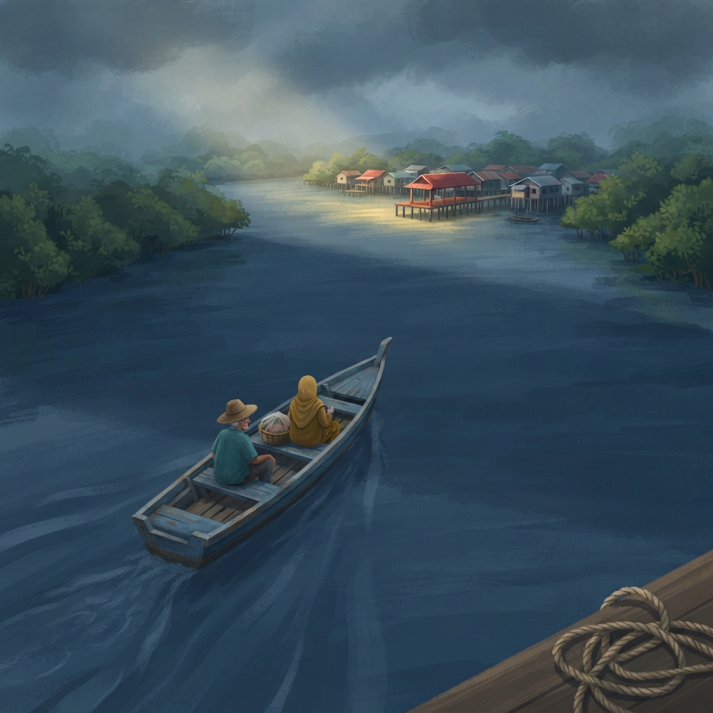Bayang awan menutup sungai. Air yang tadi berkilau kini biru gelap. Jeti berbumbung merah sudah kelihatan—kecil, tetapi dekat. “Ayuh, sampan kecil,” bisik ibu. “Sedikit lagi.”