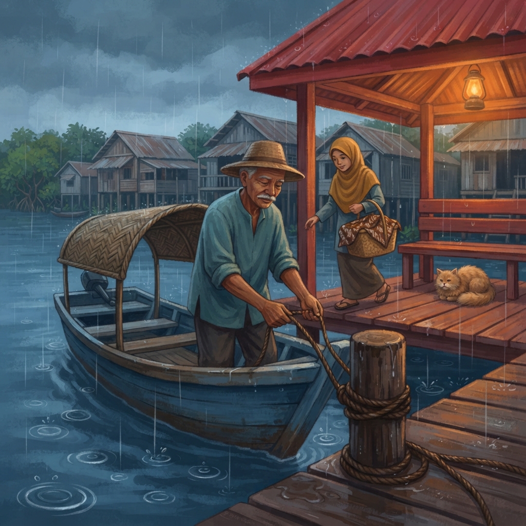 Plip! Satu titis jatuh ke dalam sungai. Plip! Satu lagi jatuh di atas bumbung sampan. Haluan kayu menyentuh jeti. Pak Man mengikat tali, dan ibu melangkah ke tempat teduh.