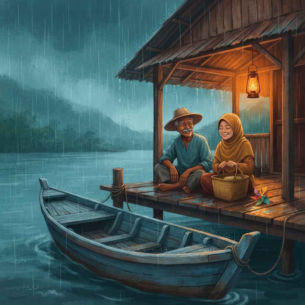 Kemudian hujan pun turun—deras, rapat, berkilau. Dari bawah bumbung, mereka melihat sampan kecil bergoyang dengan selamat. Ibu tersenyum. Pak Man tersenyum. Di luar, seluruh sungai