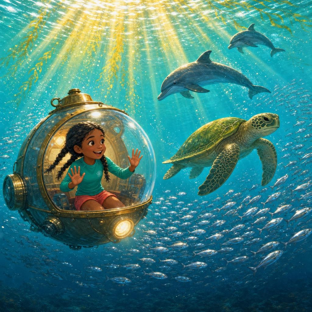 Down in the glass submarine! The top floor is the Sunlight Zone: golden light pours in, tiny floating plants make food from it, and almost everyone comes here to eat — turtles, dol