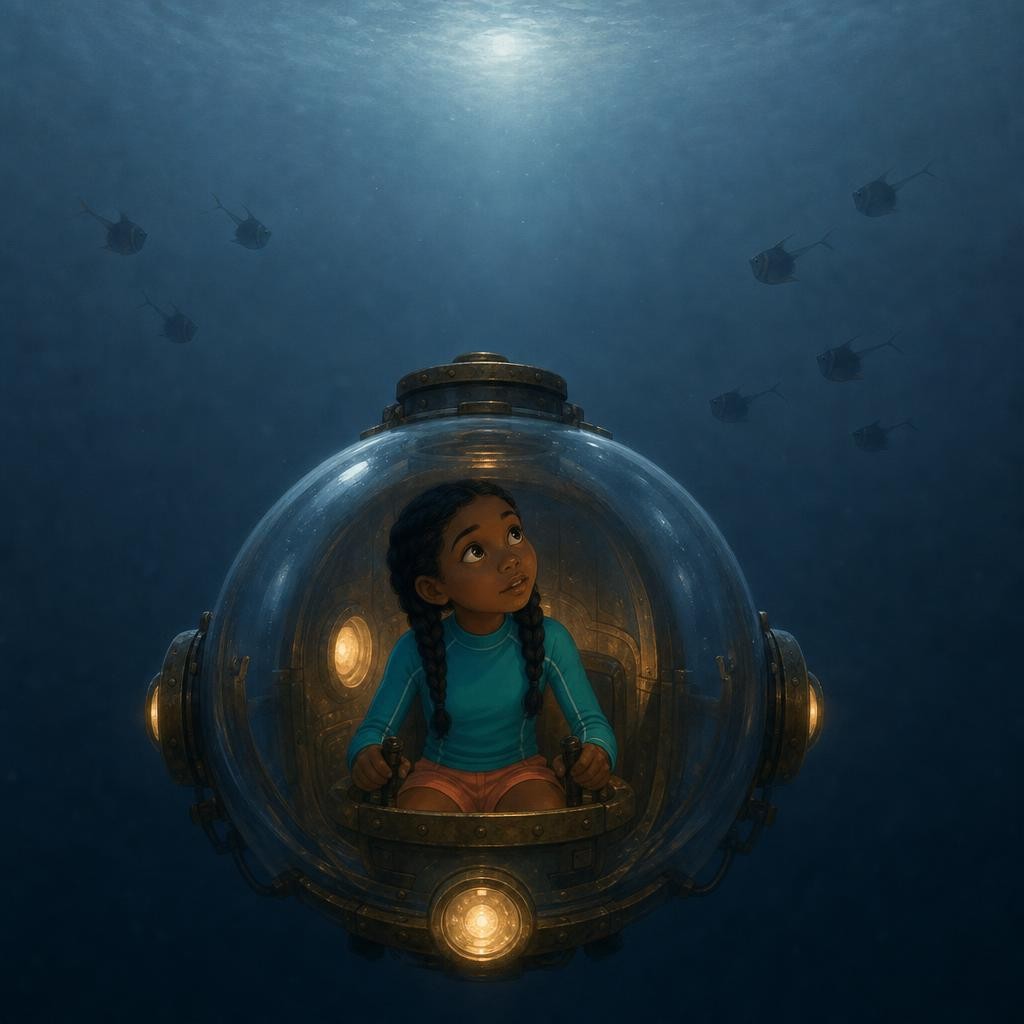 Sinking deeper, the water turns dim, blue-gray, and cold. The sun is only a faint glow far overhead now, like a flashlight through fog. Plants can't grow here — and it keeps gettin
