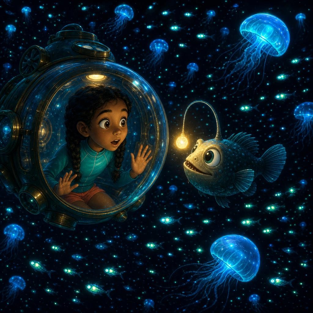 Lights! Jellies pulse blue, lanternfish blink like fireflies, and an anglerfish dangles its own glowing lure — a fishing rod made of light. Midnight Zone animals make their own lig
