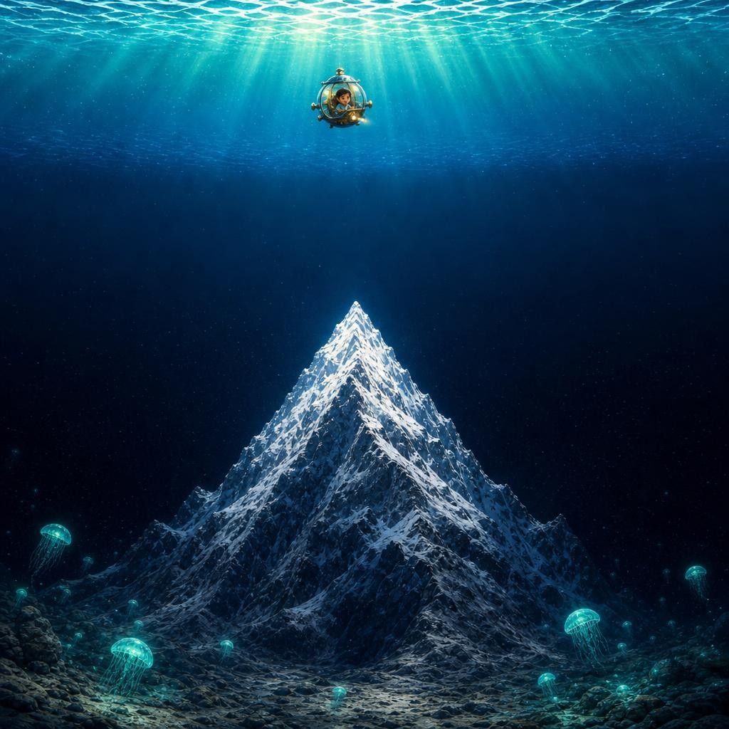 The deepest spot of all — the Mariana Trench — plunges about eleven kilometers. Drop Mount Everest in, and it sinks completely: its snowy peak would still be more than two kilomete