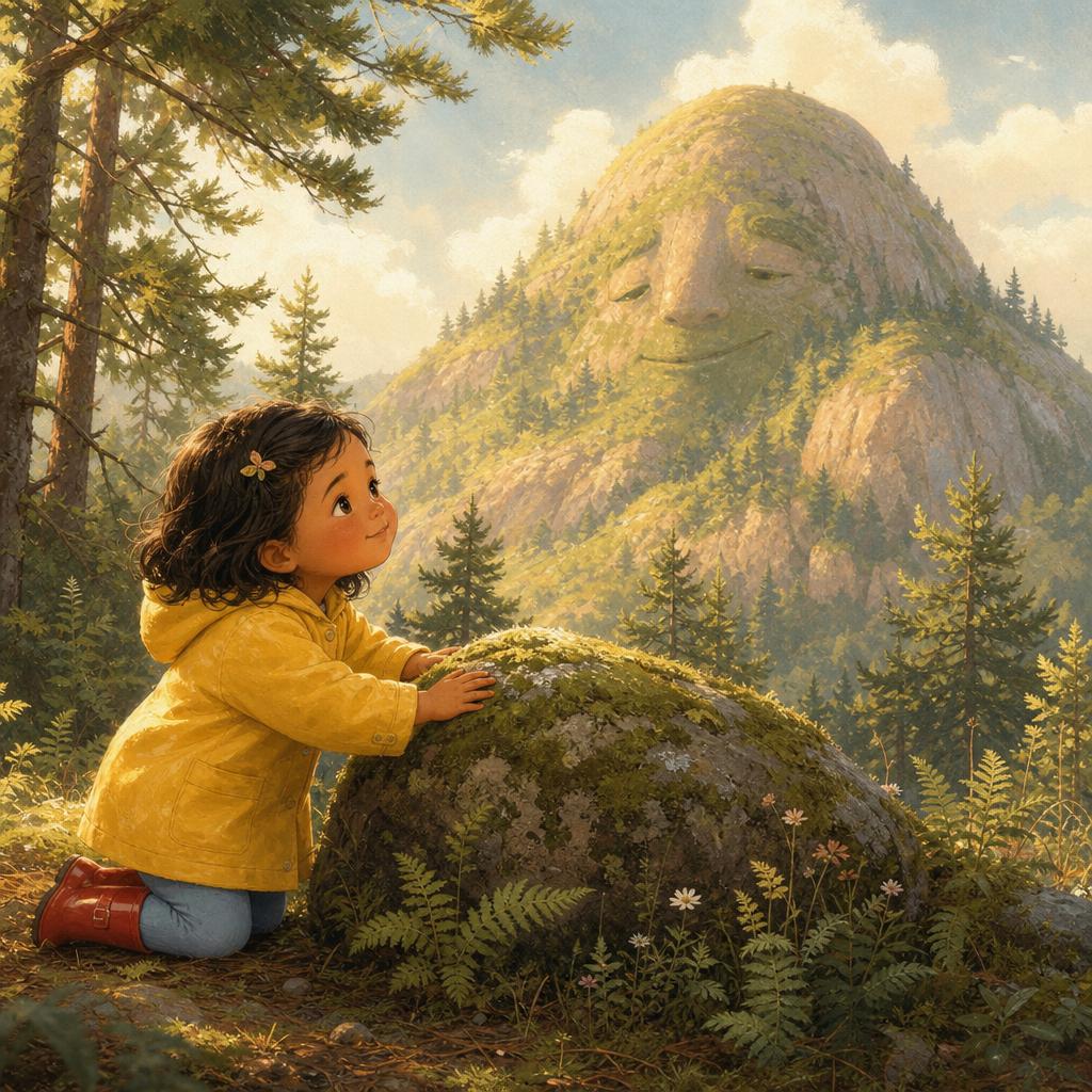 A Quiet Question at the Mossy Rock illustration for The Mountain That Wanted a Hug