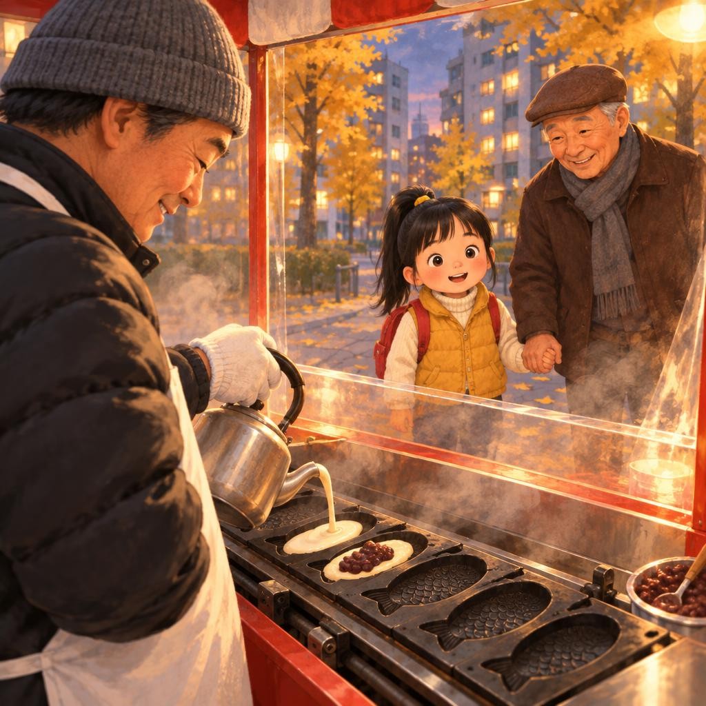 붕어빵 아저씨가 쇠틀을 열었어요. 주르륵, 뽀얀 반죽을 붓고, 톡, 팥을 한 숟가락 넣고, 주르륵, 반죽을 또 붓고, 착! 틀을 닫아 휙 뒤집었어요. 하린이는 할아버지 손을 꼭 잡고 눈을 동그랗게 떴어요. “어? 물고기는 안 넣었어요!”