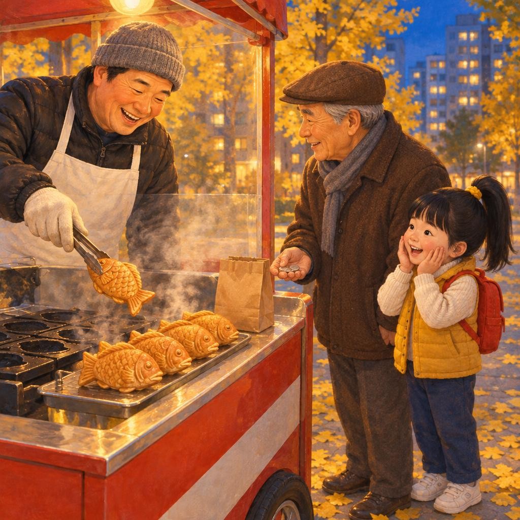 아저씨가 틀을 다시 열자, 노릇노릇한 붕어빵이 줄줄이 나왔어요. 아저씨가 껄껄 웃었어요. “붕어빵에는 붕어가 없단다. 틀이 붕어 모양이라서 붕어빵이야.” 하린이도 까르르 웃었어요. 할아버지는 붕어빵 세 개를 샀어요. 하린이 하나, 할아버지 하나, 그리고 엄마 하나.