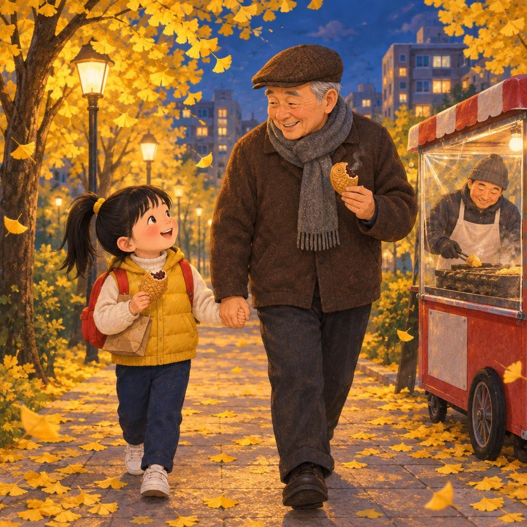 따끈한 봉투를 안고 걸으니 손이 금방 따뜻해졌어요. 하린이는 붕어빵을 호호 불며 물었어요. “할아버지는 머리부터 먹어요, 꼬리부터 먹어요?” “할아버지는 꼬리부터. 바삭바삭하거든.” “나는 머리부터! 팥이 더 많으니까.” 둘은 나란히 앙, 한 입씩 먹었어요.