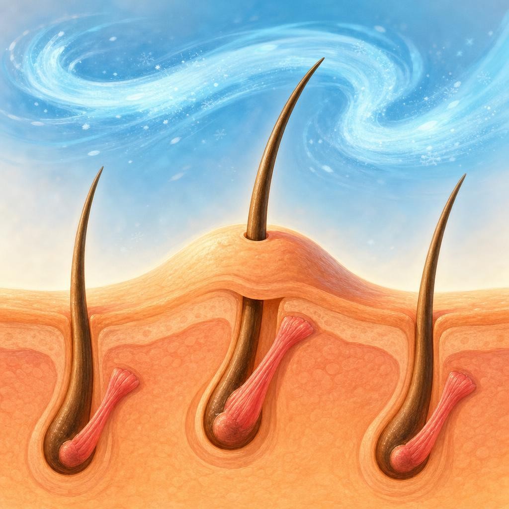 Come closer — MUCH closer. Every hair lives in a tiny pocket with a muscle at the bottom. Cold air touches the skin, the tiny muscles pull, and each hair stands tall — mounding the