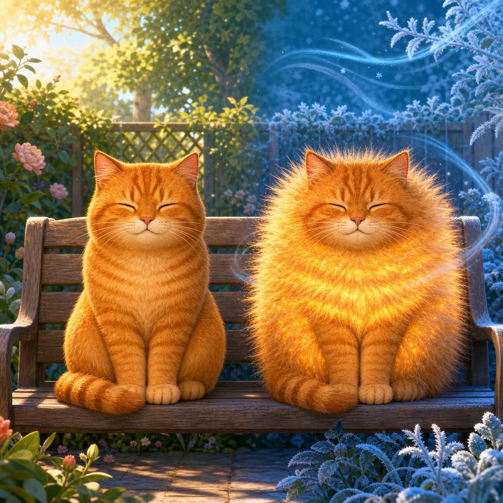 Why would a body do that? Watch a furry cat on a cold day: fluffed-up fur traps a blanket of warm air next to the skin — an instant puffy jacket!
