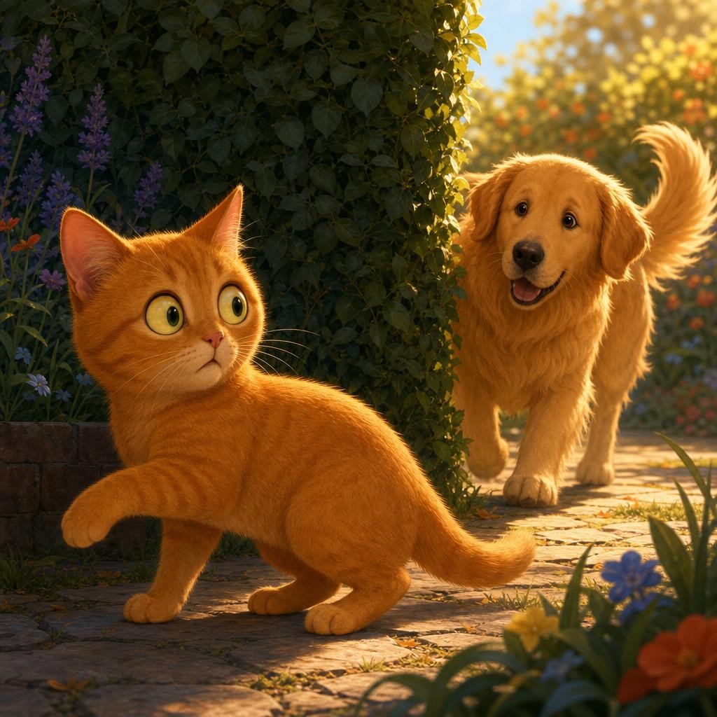 Now the cat meets a big surprise: a huge friendly dog trots around the corner! What will the cat's fur do?