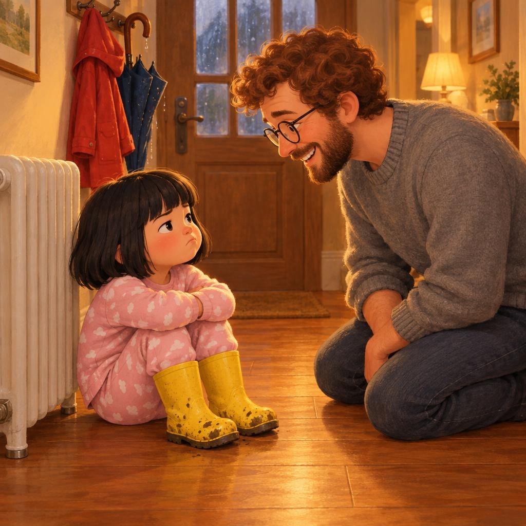 En casa, Antía se bañó y se puso el pijama… y después, otra vez, sus botas amarillas. —Antía, ¿te vas a dormir con botas? —preguntó papá. —¡Sí! —dijo ella. —¡Pero si todavía tienen