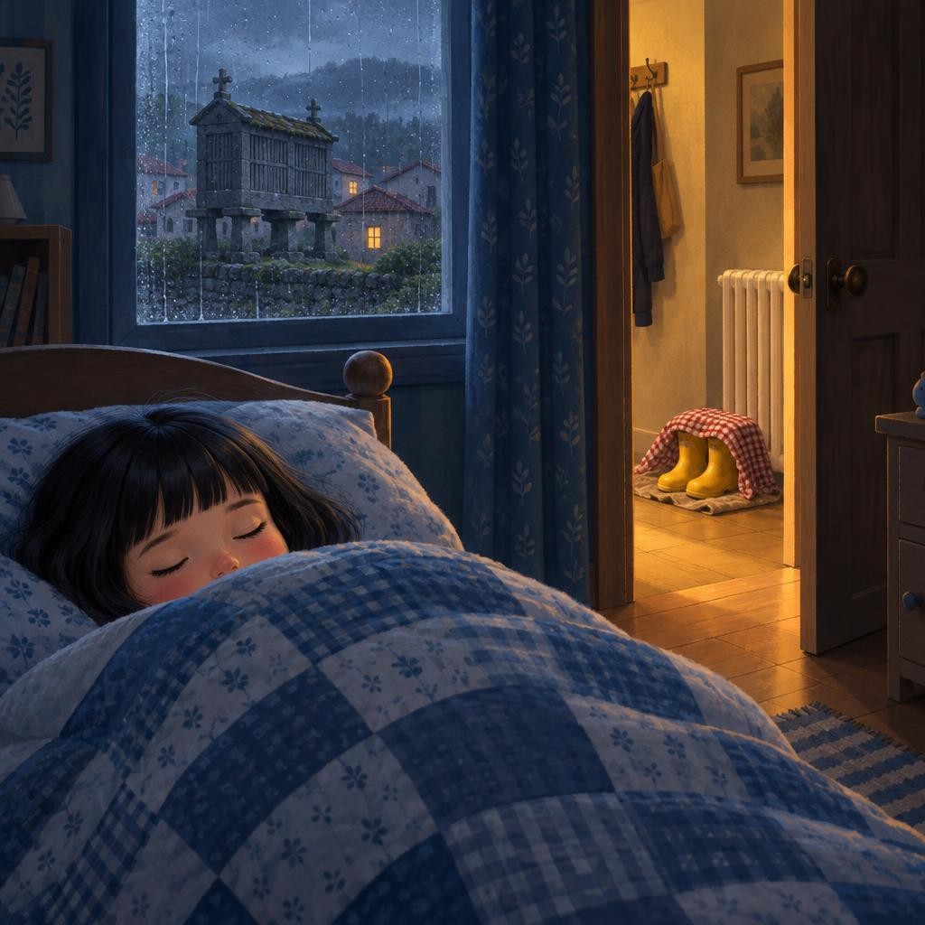 —Buenas noches, botas —susurró Antía. Papá apagó la luz. Afuera, la lluvia seguía cantando: plic, plic, plic. Junto al radiador, las dos botas amarillas dormían como dos patitos. Y