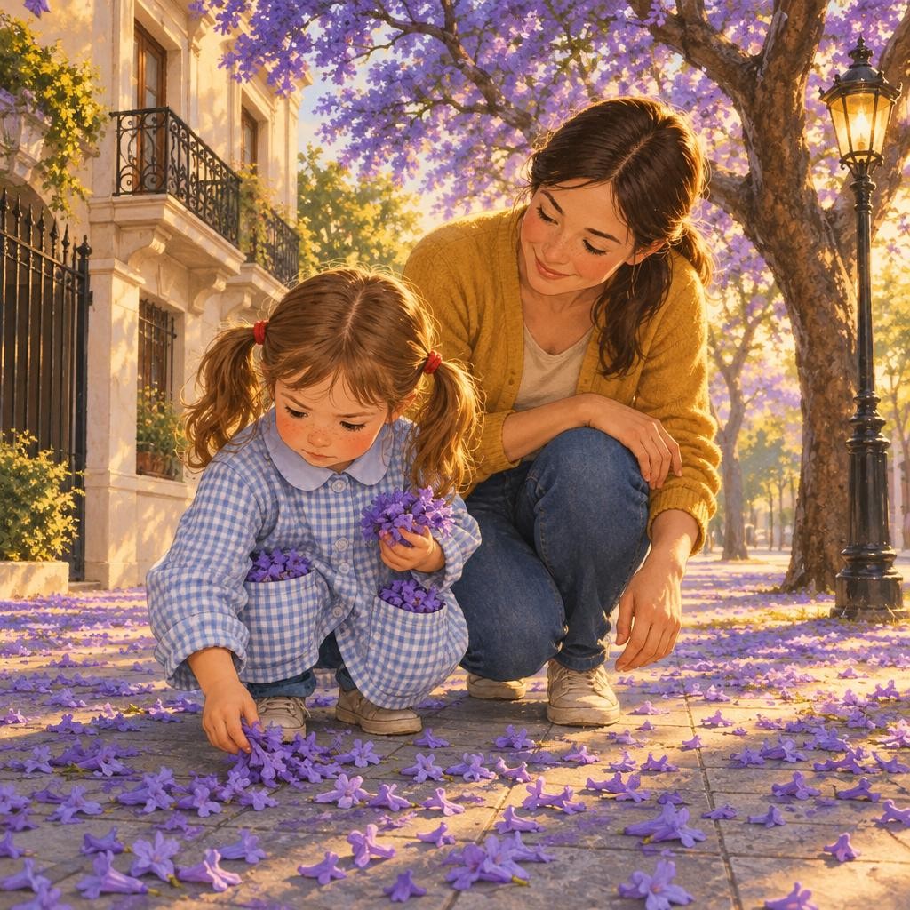 Juana miró para abajo. La vereda estaba llena de flores violetas. —Mamá, ¡el jacarandá se está quedando sin flores! ¿Se va a quedar pelado? Juana se agachó y empezó a juntar flores