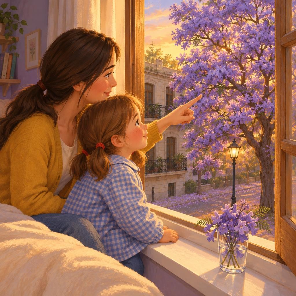 En casa, Juana puso sus flores en un vasito con agua, al lado de la ventana de su cuarto. Mamá se sentó con ella. —¿Sabés qué? Al jacarandá no le duele que se le caigan las flores 